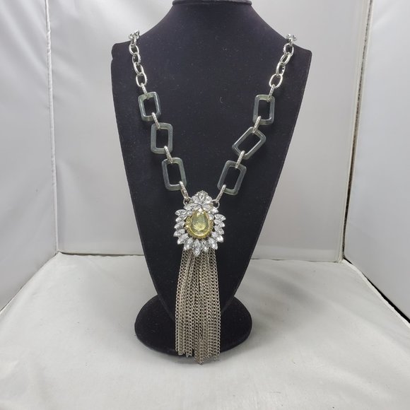 Bijou long silver link necklace with medallion  & rhinestones & fringes - Picture 1 of 7